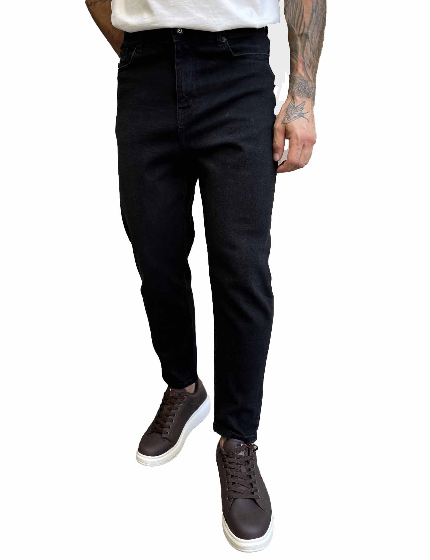 Ανδρικό μαύρο πλυμένο ελαστικό loose τζιν πεντάτσεπο με φερμουάρ G88115 φωτογραφία